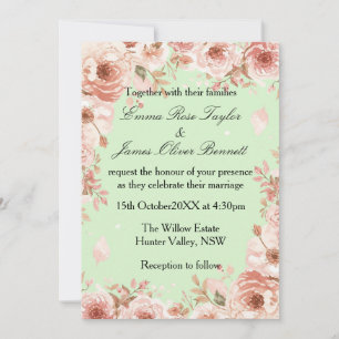 Customisable Floral Mint and Pink Roses Wedding Invitation