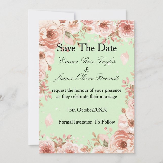 Customisable Floral mint Pink Roses Save the Date  Invitation (Front)