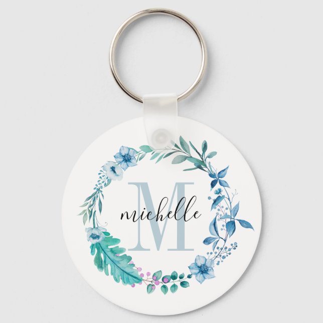 Customisable Floral Monogram Blue Spring Key Ring (Front)