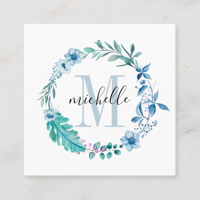 Customisable Floral Monogram Blue Spring Square Business Card (Front)