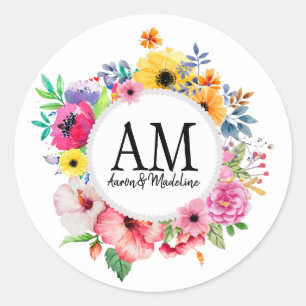 Customisable Floral Monogram Colourful Bouquet Classic Round Sticker