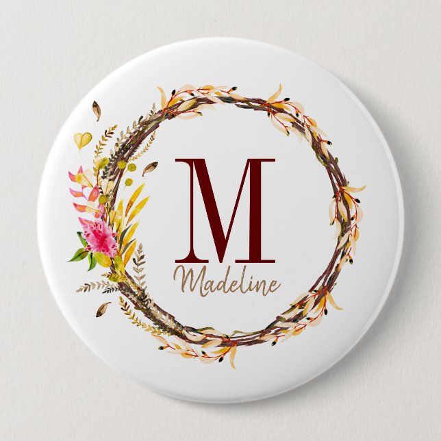Customisable Floral Monogram Fall Foliage 10 Cm Round Badge (Front)