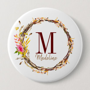 Customisable Floral Monogram Fall Foliage 10 Cm Round Badge