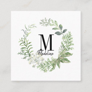 Customisable Floral Monogram Green Foliage Square Business Card