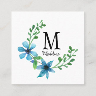 Customisable Floral Monogram Pretty Blue Flowers Square Business Card
