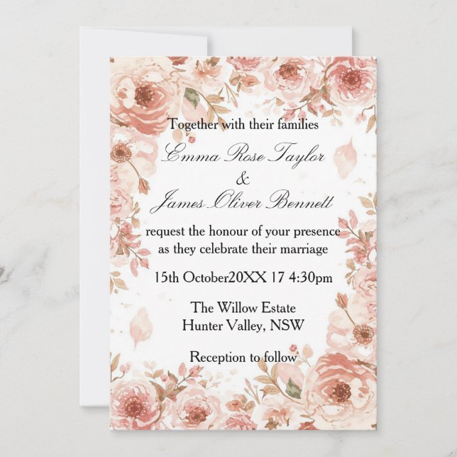 Customisable Floral Pink Roses Wedding Invitation (Front)
