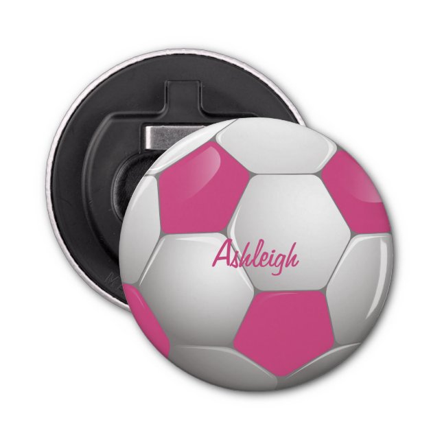Customisable Football Soccer Ball Pink and White Bottle Opener (Front)