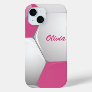 Customisable Football Soccer Ball Pink and White iPhone 15 Case
