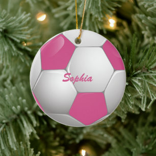 Customisable Football Soccer Ball Pink and White Ceramic Tree Decoration
