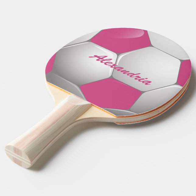 Customisable Football Soccer Ball Pink and White Ping Pong Paddle (Front Angle)