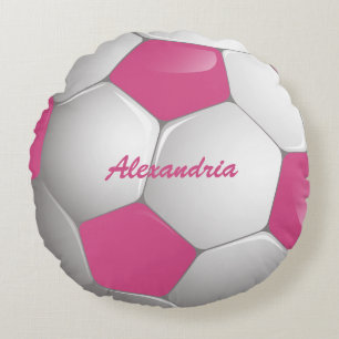 Customisable Football Soccer Ball Pink and White Round Cushion