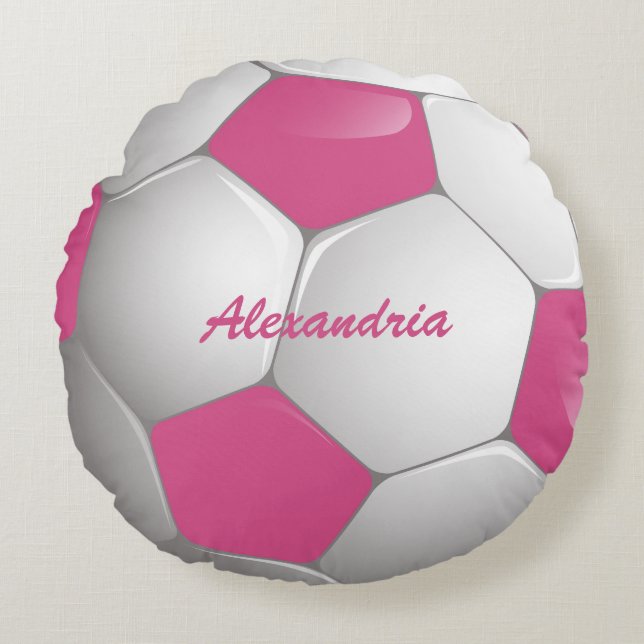 Customisable Football Soccer Ball Pink and White Round Cushion (Front)