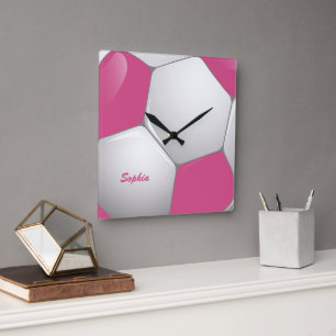 Customisable Football Soccer Ball Pink and White Square Wall Clock