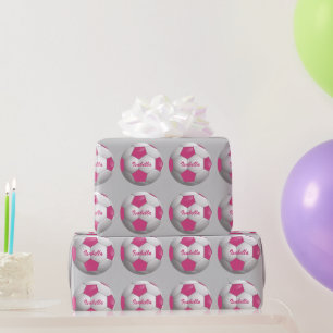Customisable Football Soccer Ball Pink and White Wrapping Paper