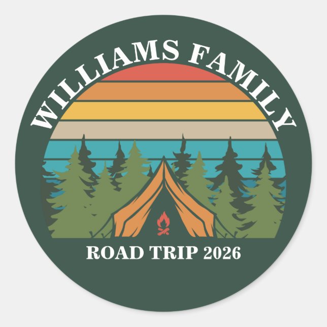 Customisable Forest friends Sunset Camping Tent Classic Round Sticker (Front)