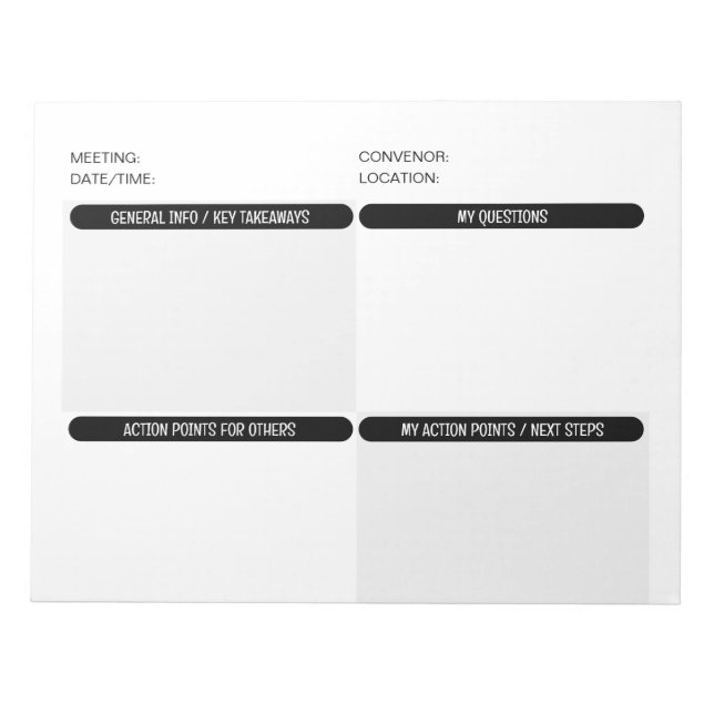 Customisable Four Part MEETING NOTES Notepad (Front)