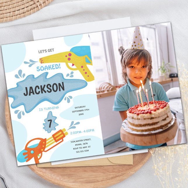 Customisable Fun Party Invitations for Kids (Blue Yellow Water Gun Birthday Invitations photo)