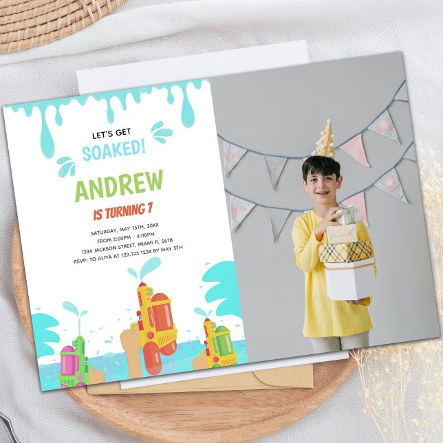 Customisable Fun Party Invitations for Kids (Orange Water Gun Birthday Invitations w photo)