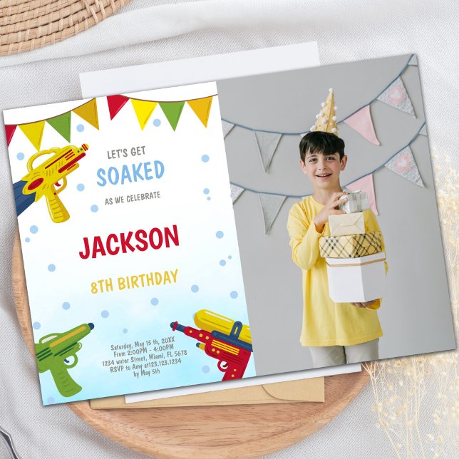 Customisable Fun Party Invitations for Kids (Yellow Water Gun Invitations with photo)
