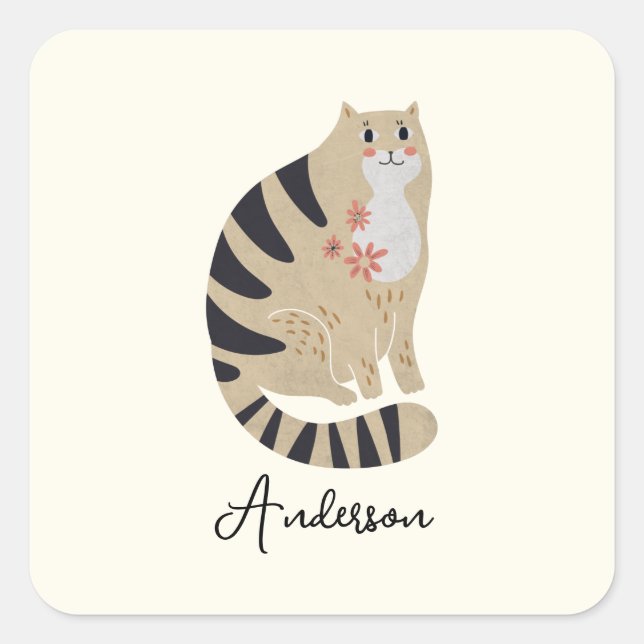 Customisable Funny Cute Smiling Cat Square Sticker (Front)