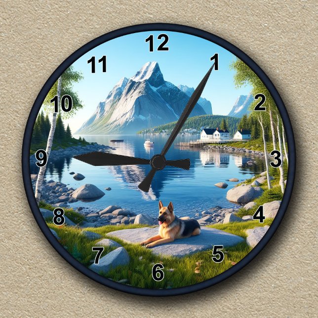 Customisable German Shepherd Lakeside Landscape Round Clock (Creator Uploaded)