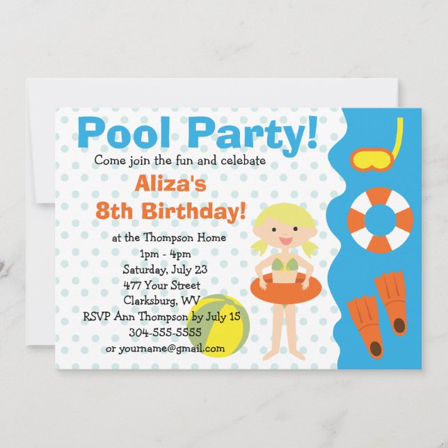 Customisable Girl's Pool Party Birthday Invitation (Front)
