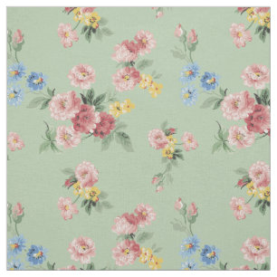 Customisable Girly Pastel Floral, Green Background Fabric