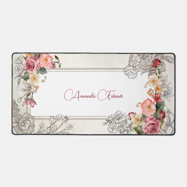 Customisable Girly Vintage Pink Roses  Desk Mat (Front)