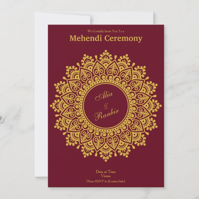 Customisable Gold Burgundy Mehendi Henna Indian Invitation (Front)