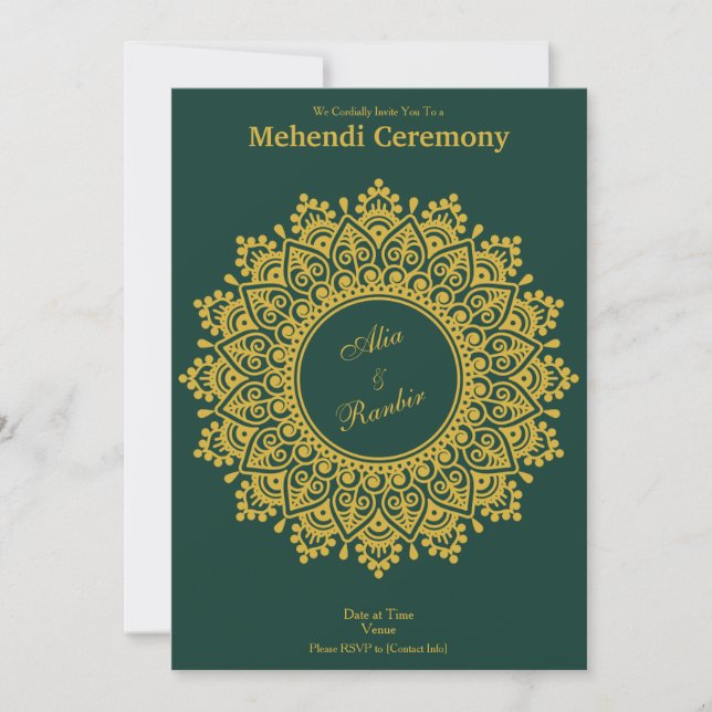 Customisable Gold Emerald Mehendi Henna Indian Invitation (Front)