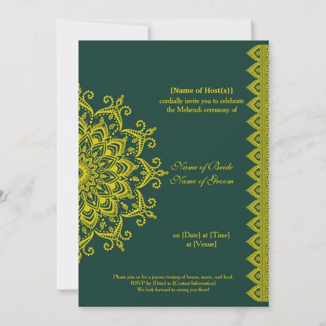 Customisable Gold Emerald Mehendi Henna Indian Invitation (Front)