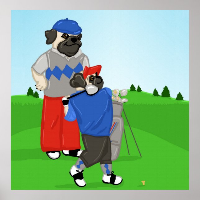 Customisable Golfing Pug Poster - Choose your Size (Front)