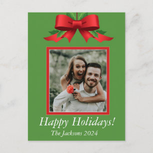 Customisable Green and Red Christmas Photo Bow Holiday Postcard