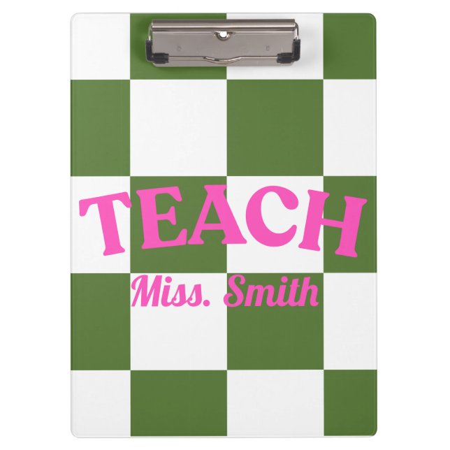 Customisable Green Chequered Teacher Clipboard  (Front)