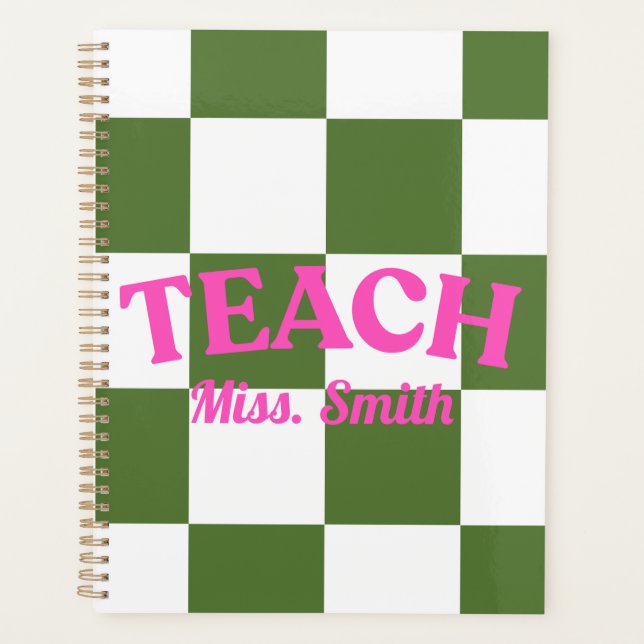 Customisable Green Chequered Teacher Planner (Front)