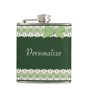 Customisable green lace ribbon bow flask