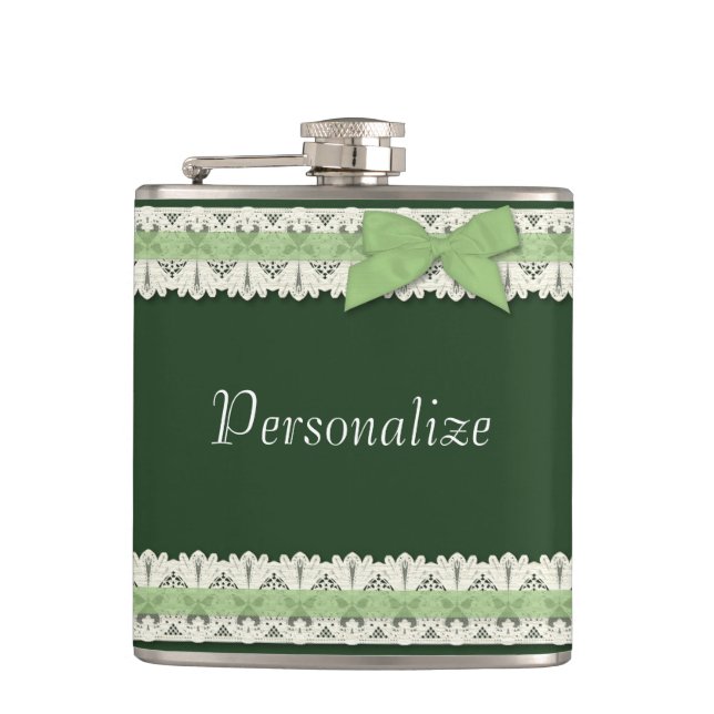 Customisable green lace ribbon bow flask (Front)