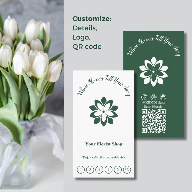Customisable Green & White Florist Flat Loyalty Card (Customizable Green & White Florist Flat Loyalty Card, 6 Visits Reward, Where Flowers Tell Your Story)