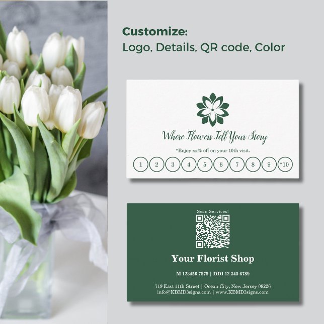 Customisable Green & White Florist Loyalty Card (Modern Customizable Green & White Florist Loyalty Card, Bonus every 10 Visits)