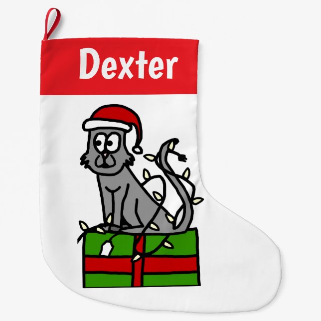 Customisable Grey Cat Large Christmas Stocking (Front)