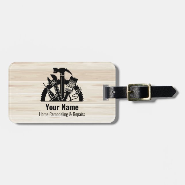 Customisable handyman tools wood luggage tag (Front Horizontal)