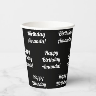 Customisable Happy Birthday Text   Black & White Paper Cups
