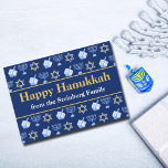 Customisable Happy Hanukkah Blue Pattern Holiday<br><div class="desc">Beautiful personalised Happy Hanukkah card in pretty blue with a cool pattern of Judaism star,  dreidel for fun Chanukah games,  and the Jewish menorah for the holiday. Customise with your family name.</div>