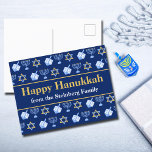 Customisable Happy Hanukkah Blue Pattern Holiday Postcard<br><div class="desc">Beautiful personalised Happy Hanukkah postcard in pretty blue with a cool pattern of Judaism star,  dreidel for fun Chanukah games,  and the Jewish menorah for the holiday. Customise these holiday postcards with your family name.</div>