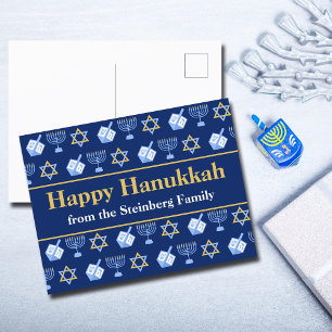 Customisable Happy Hanukkah Blue Pattern Holiday Postcard