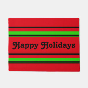 Customisable "Happy Holidays" Red Green Stripe Doormat