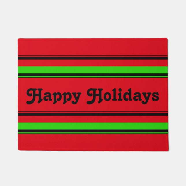 Customisable "Happy Holidays" Red Green Stripe Doormat (Front)