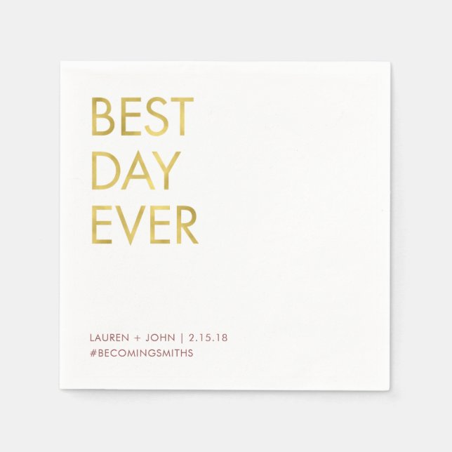 Customisable hashtag best day ever wedding napkins (Front)