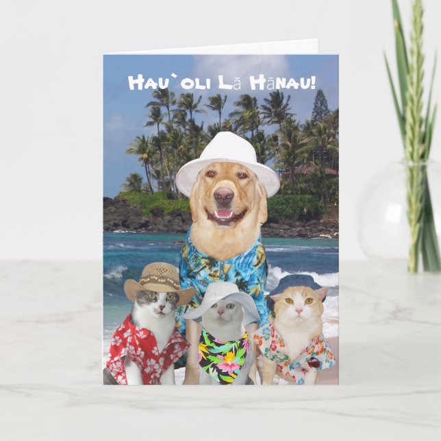 Customisable Hawaiian Yellow Lab & Kitties Birthda Card (Front)