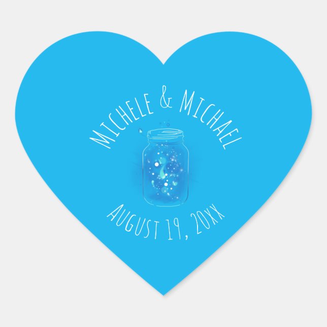 Customisable Heart Shape Wedding Firefly Mason Jar Sticker (Front)